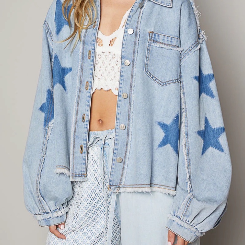 POL Star Patch Raw Hem Button Up Denim Lightweight Shacket relaxed oversized fit - Picture 6 of 9